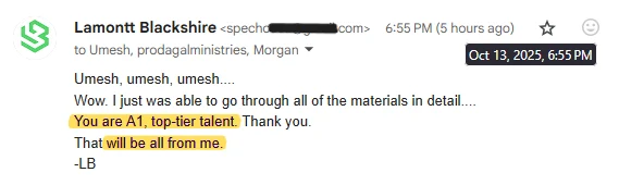 Email: you are A1, top-tier talent