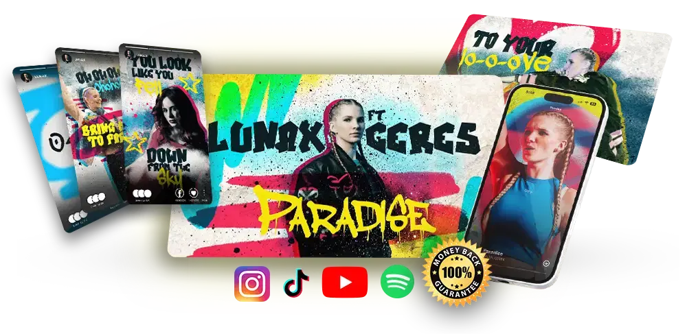 One release shown as the YouTube video, vertical story clips, a phone and thumbnails, with Instagram, TikTok, YouTube and Spotify icons and a 100% money-back seal