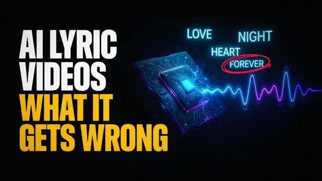 AI lyric videos: what it gets wrong. A glowing AI chip turns a sound wave into lyric words, with one word circled in red.