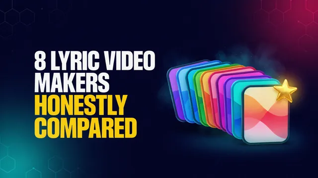 8 lyric video makers, honestly compared. A fanned row of colorful app cards with a gold star on the front one.