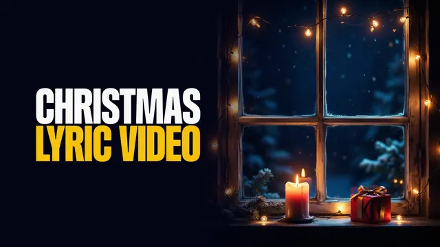 Christmas lyric video. A frosty window at night with string lights, a candle and a small wrapped gift.