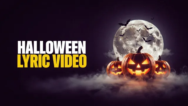 Halloween lyric video. Carved jack-o'-lanterns glowing in fog under a full moon with bats.