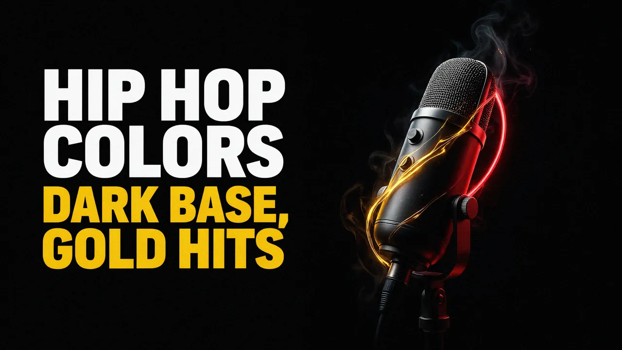 Hip hop colors: dark base, gold hits. A studio microphone on black wrapped in gold and red light.