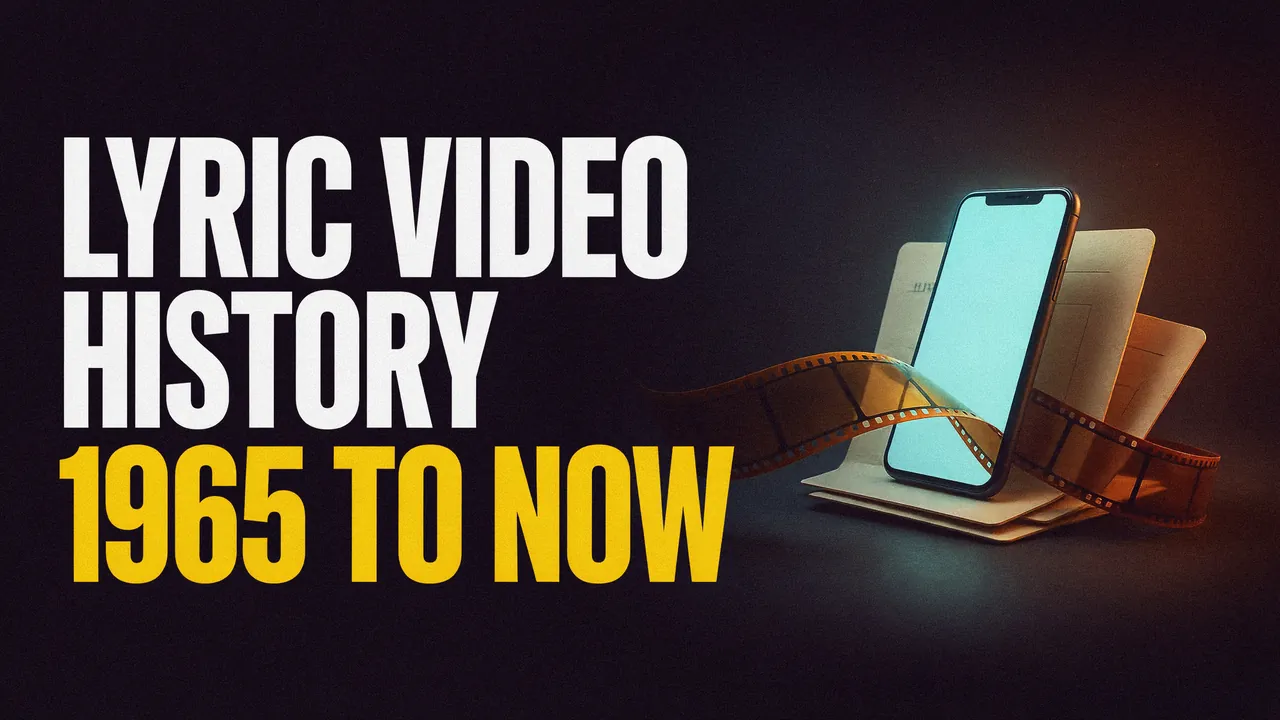 Lyric video history, 1965 to now. Old paper cue cards and film turning into a modern smartphone.
