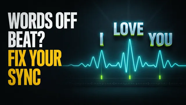 Words off beat? Fix your sync. The words I LOVE YOU sit on the peaks of a glowing audio waveform.