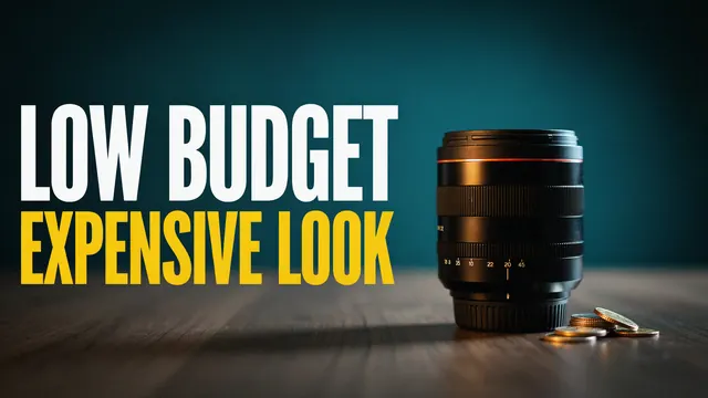 Low budget, expensive look. A cinema camera lens glowing gold beside a small pile of coins.