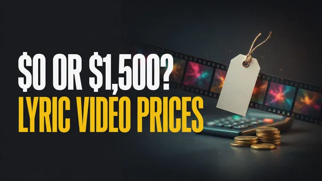 $0 or $1,500? Lyric video prices. A blank price tag on a film strip beside a calculator and stacked coins.