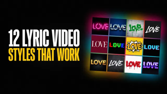 12 lyric video styles that work. A grid of twelve tiles showing the word LOVE in different typographic styles.