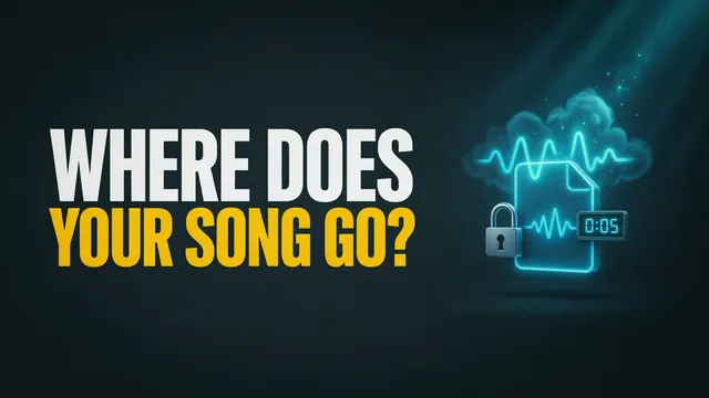 Where does your song go? A glowing audio file with a padlock and a timer, drifting toward a cloud.