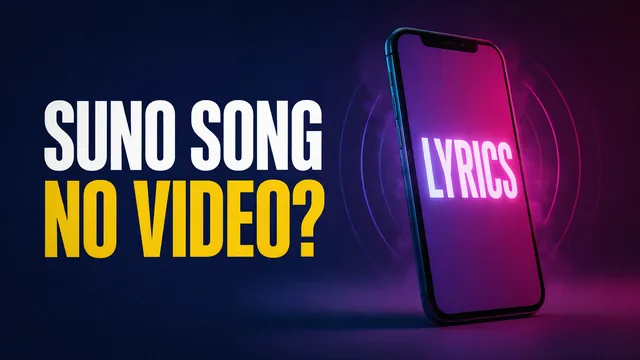 Suno song, no video? A phone glowing pink and purple with the word LYRICS on its screen.