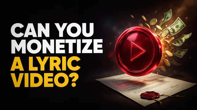 Can you monetize a lyric video? A red play button bursting with coins and dollar bills over a sealed contract.