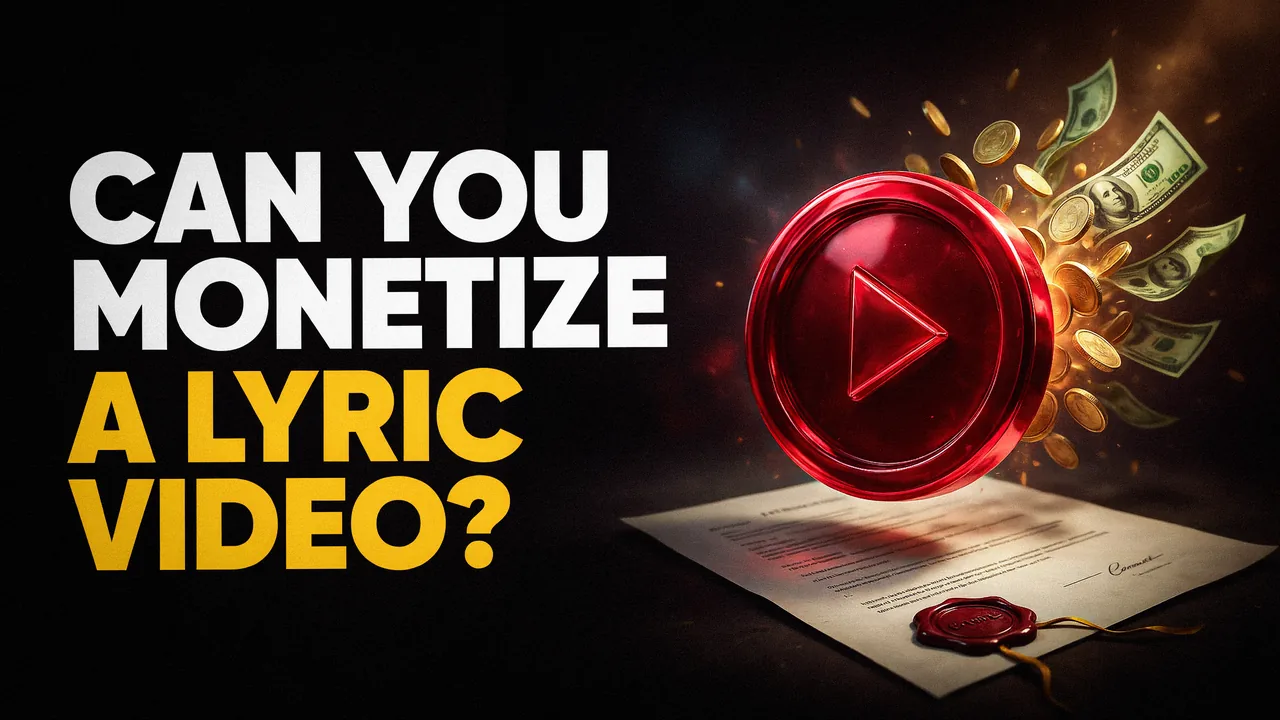 Can you monetize a lyric video? A red play button bursting with coins and dollar bills over a sealed contract.