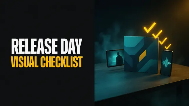 Release day visual checklist. An album cover, a phone and a video frame on a desk with glowing check marks.