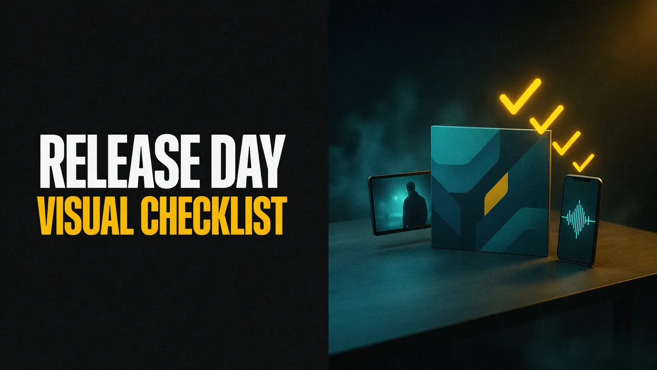 Release day visual checklist. An album cover, a phone and a video frame on a desk with glowing check marks.