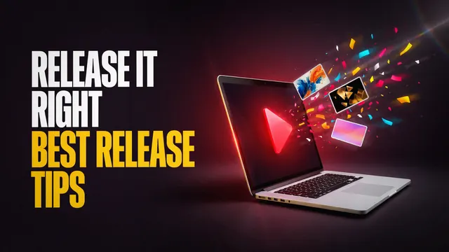 Release it right: best release tips. A laptop with a red play button and thumbnail frames flying out.
