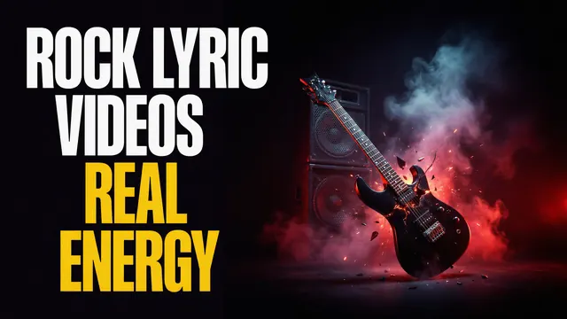 Rock lyric videos: real energy. A black electric guitar bursting with sparks and red smoke in front of a speaker stack.