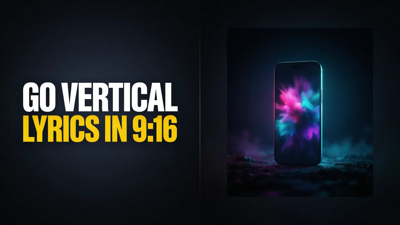Go vertical: lyrics in 9:16. A tall phone glowing with a burst of pink and cyan light.