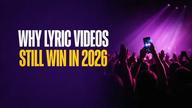 Why lyric videos still win in 2026. A concert crowd with one phone held high, its screen glowing.