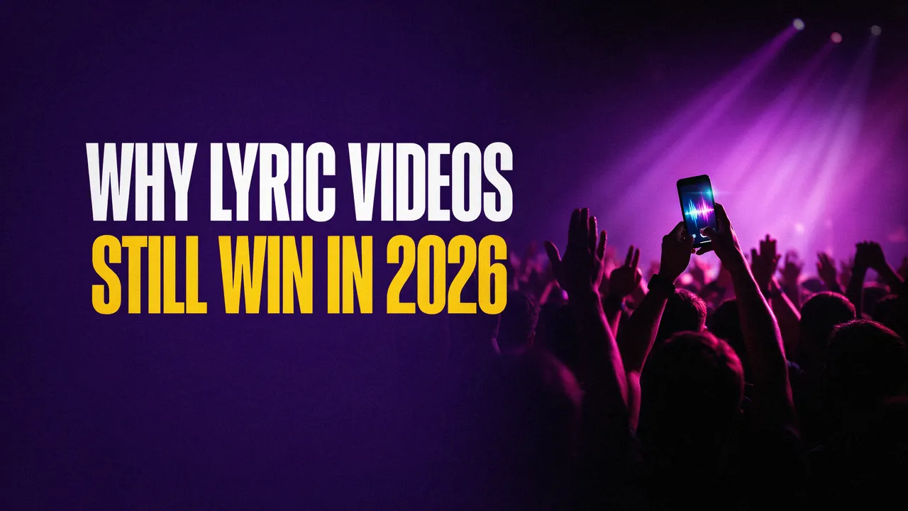 Why lyric videos still win in 2026. A concert crowd with one phone held high, its screen glowing.