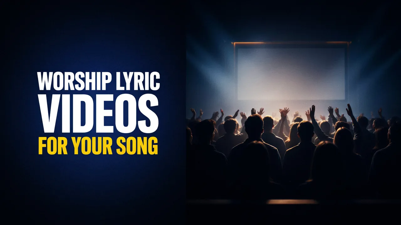 Worship lyric videos for your song. A church stage with warm light and a congregation raising their hands.